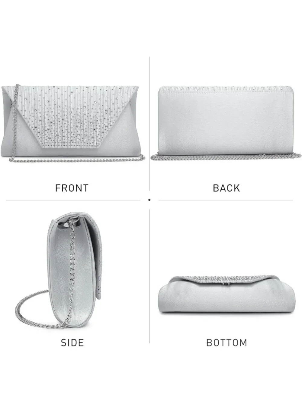 Women's Silver Clutch Purse With Detachable Chain Wedding Formal Evening Bag